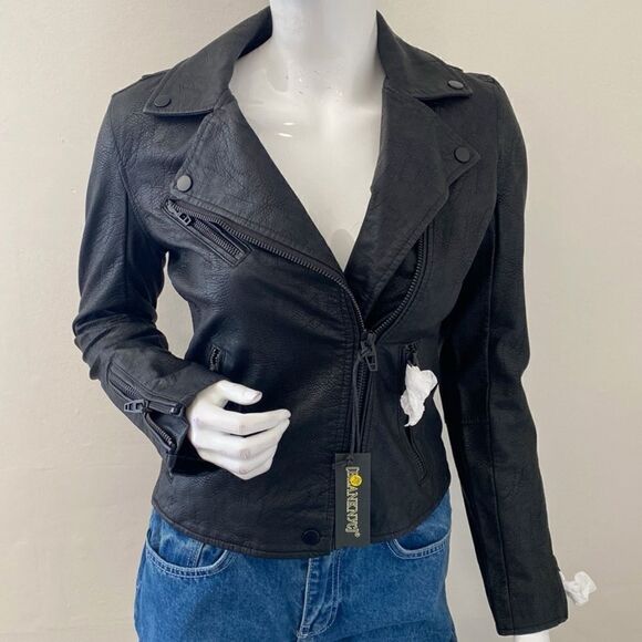 Blank NYC Jackets & Blazers - Blank NYC Onyx Black Faux Vegan Leather Biker Motorcycle Jacket w Black Hardware